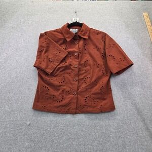 Future Collective Reese Blutstein Rust Brown Eyelet Floral Button Down Top XS